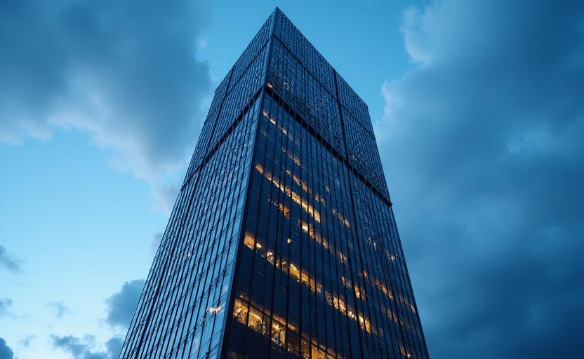 The exterior of the Docklands Corporate Tower at dusk.