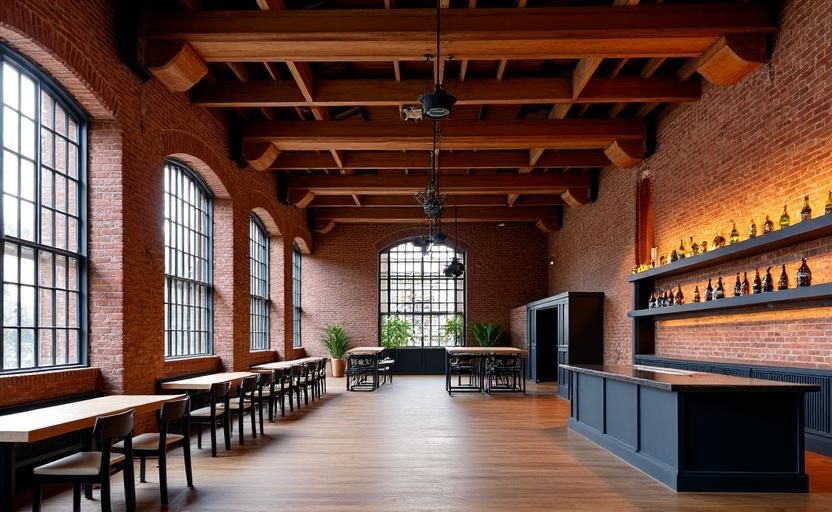 Interior of the restored Flinders Lane Warehouse showing exposed brick and timber beams.