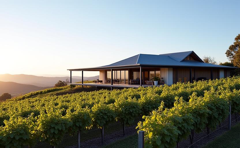 Exterior of the Yarra Valley Estate home overlooking the vineyards.