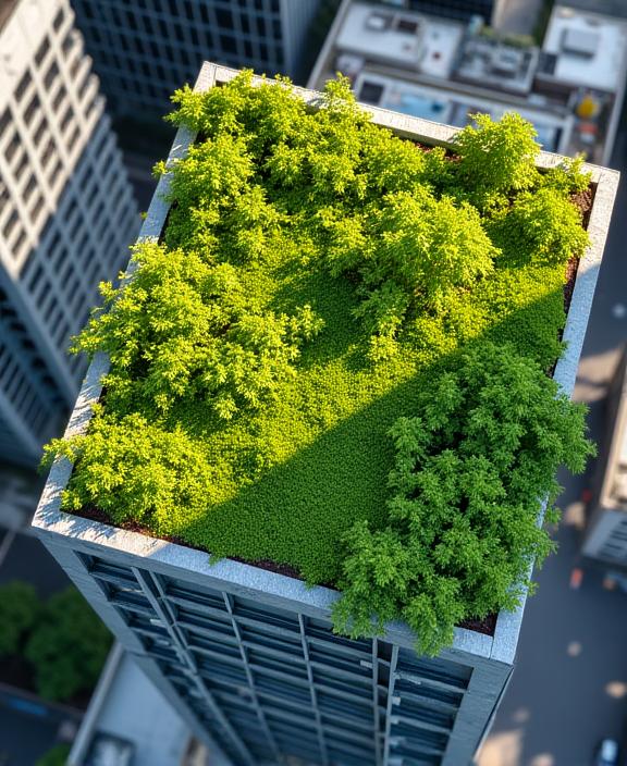 A lush green roof on a commercial building, symbolizing sustainable construction.